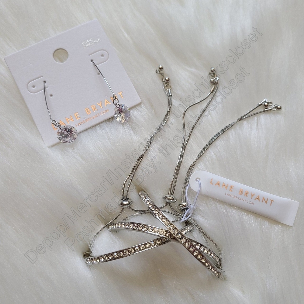 ❤️NWT Lane Bryant Silvertone Cubic Zirconia Bracelet+Earrings Jewelry Set Bundle